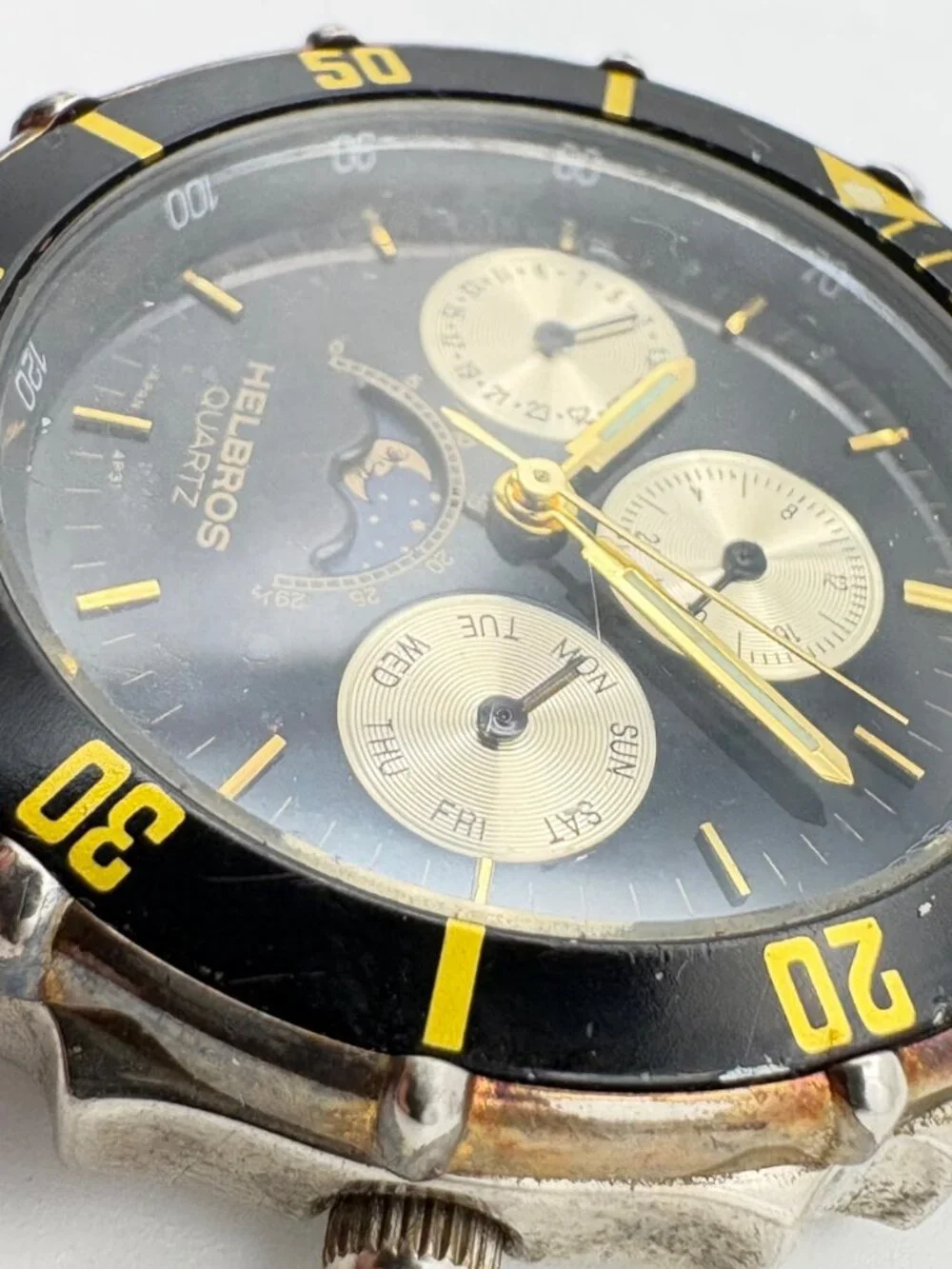Helbros Quartz Moonphase Watch Head 38mm Diver Bezel Subdials Vintage 9301 4P31